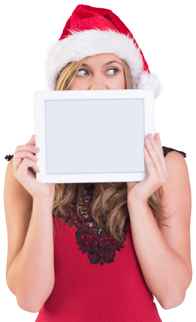 Festive Woman with Santa Hat Holding Tablet with Transparent Screen