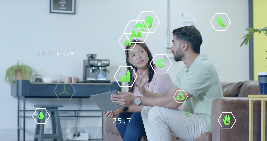 Casual Business Discussion in Modern Office Lounge with Analytics Overlay