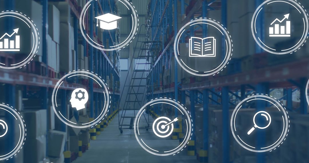 Warehouse Efficiency With Digital Data Analytics Icons Overlay