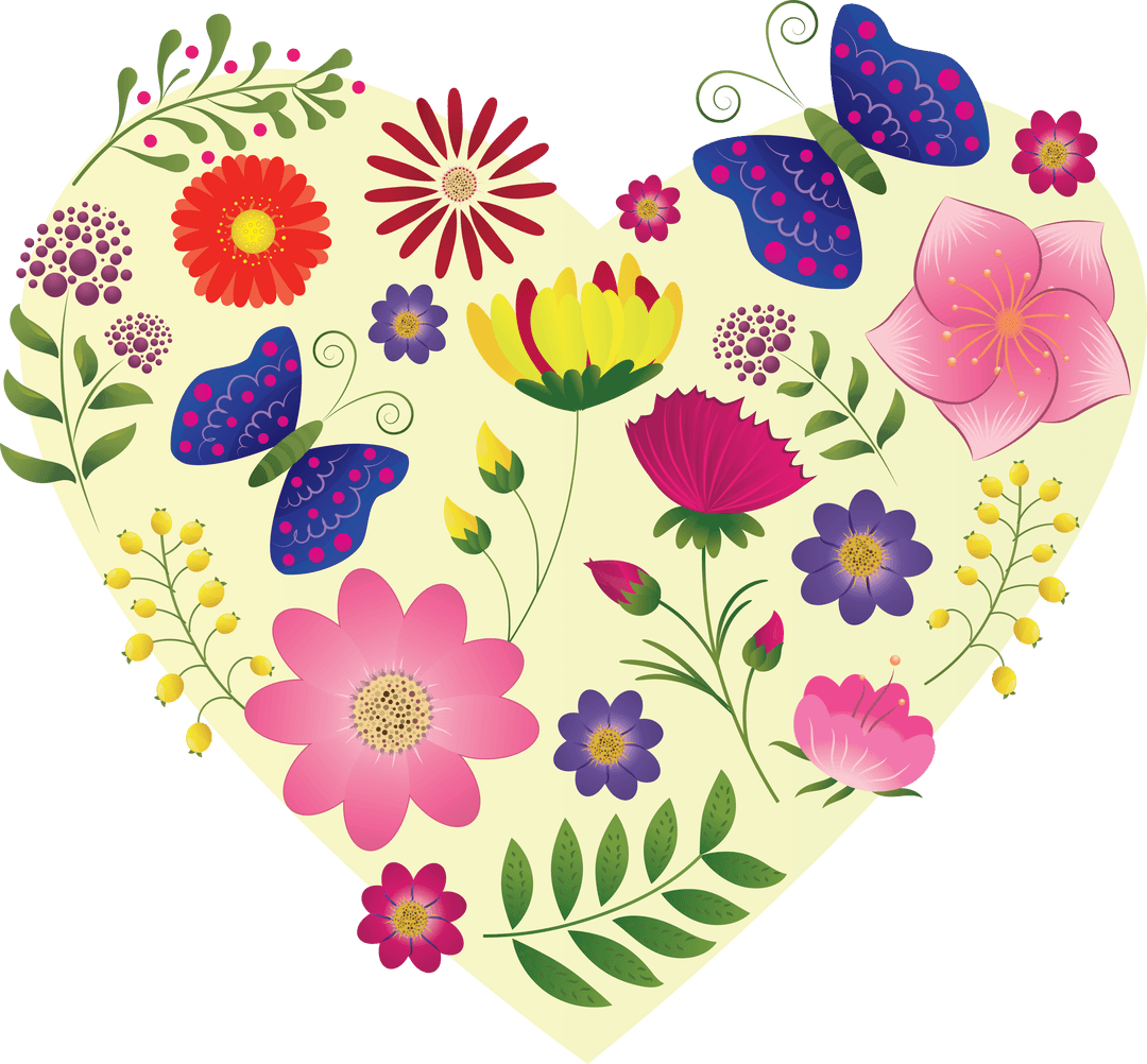 Floral Heart and Butterfly Design on Transparent Background