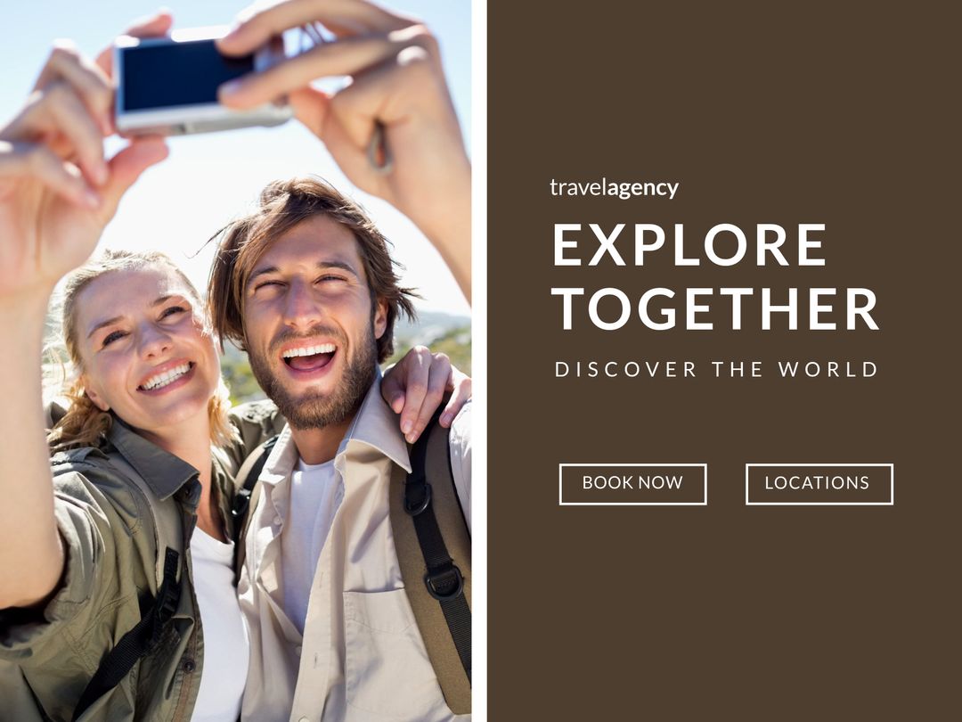 Joyful Couple Taking Selfie Promotes Travel Adventure Togetherness