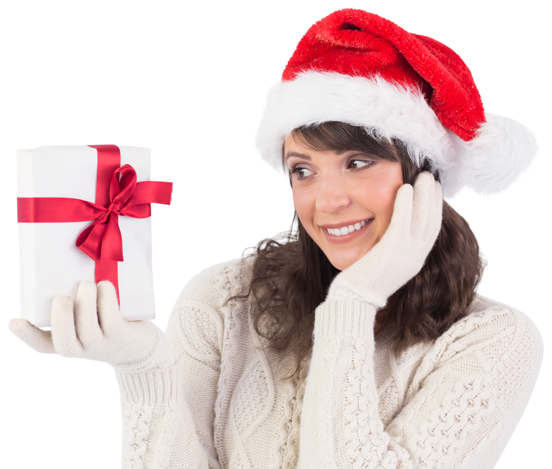 Happy Woman in Santa Hat Holding Gift with Red Ribbon – Transparent - Download Free Stock Images Pikwizard.com