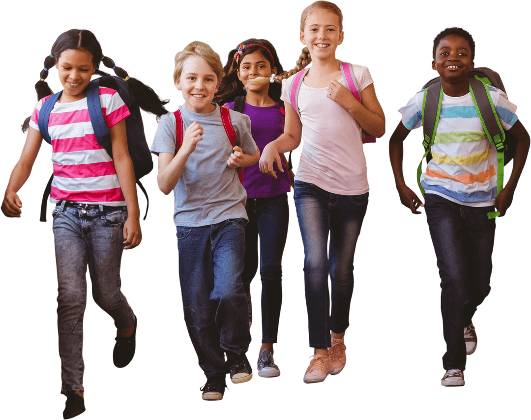 Group of Joyful Schoolchildren with Backpacks, Transparent Background
