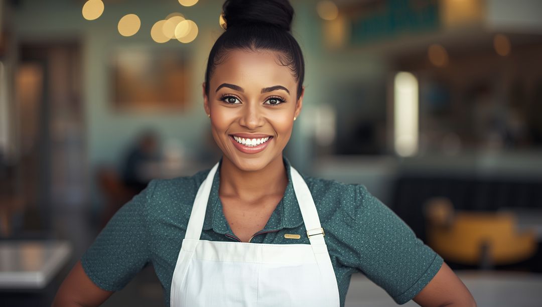 Smiling Server in Contemporary Cafe with Vibrant Atmosphere