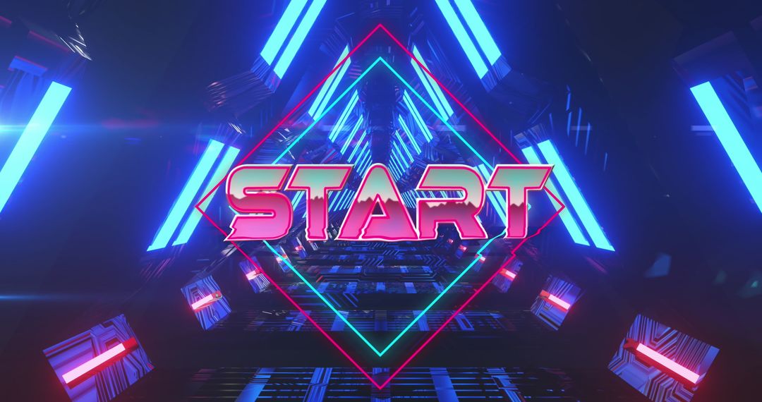 Retro Neon Start Screen in Futuristic Tunnel