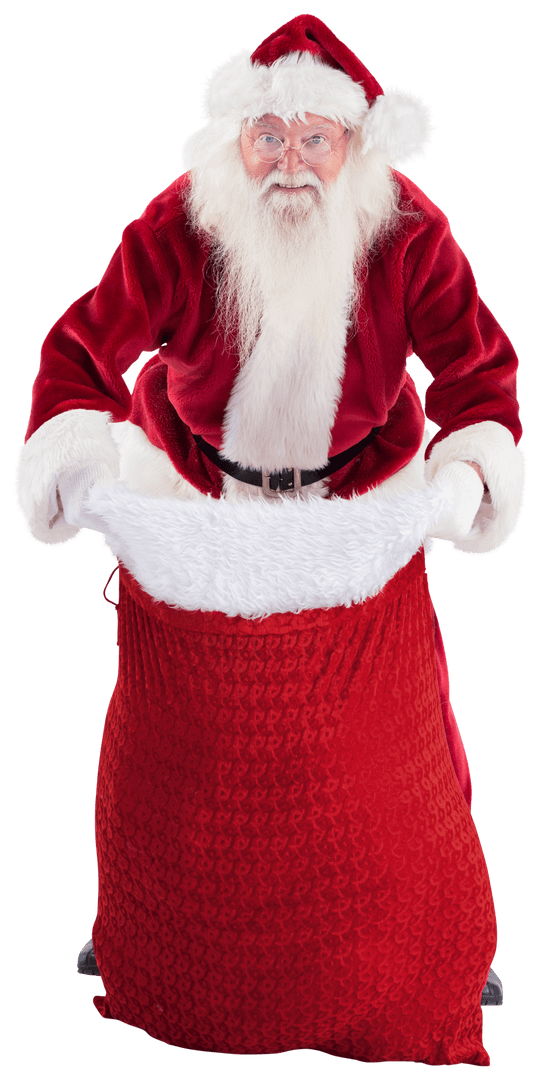 Transparent Santa Claus Opening Gift Bag with Joyful Expression