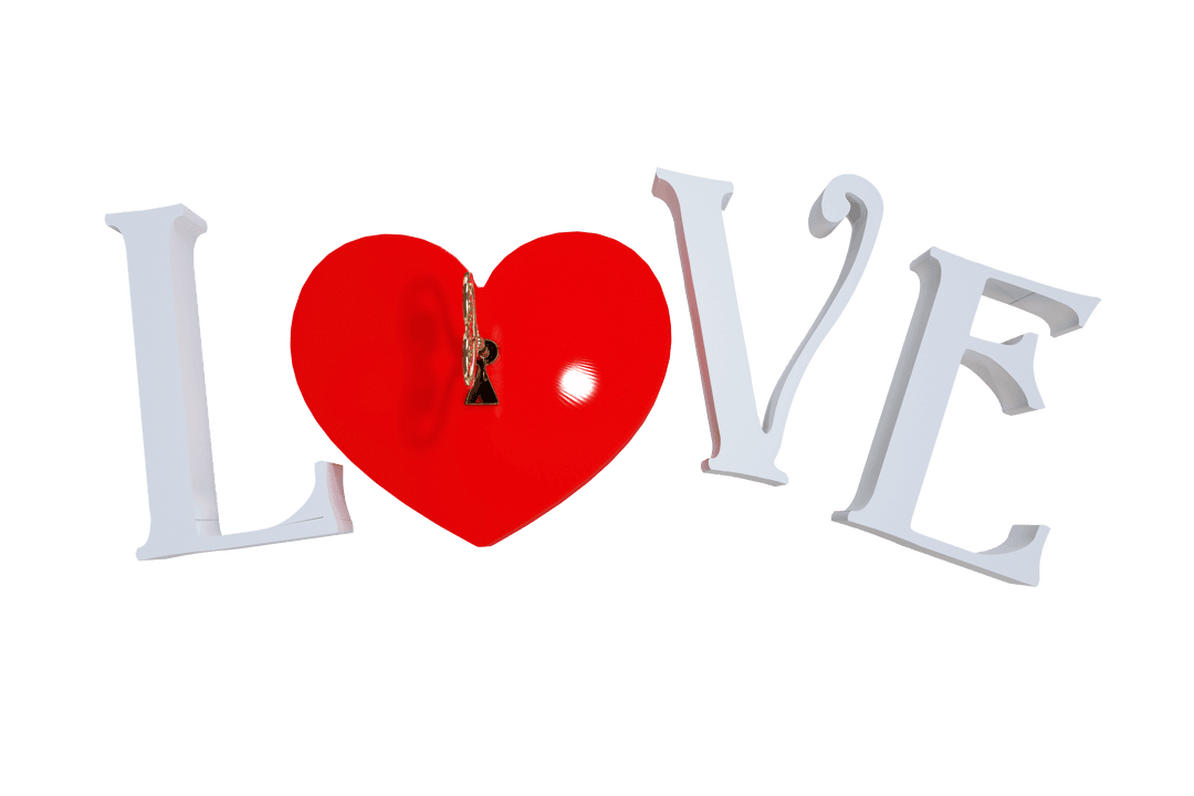 Love Text with Red Heart and Key on Transparent Background