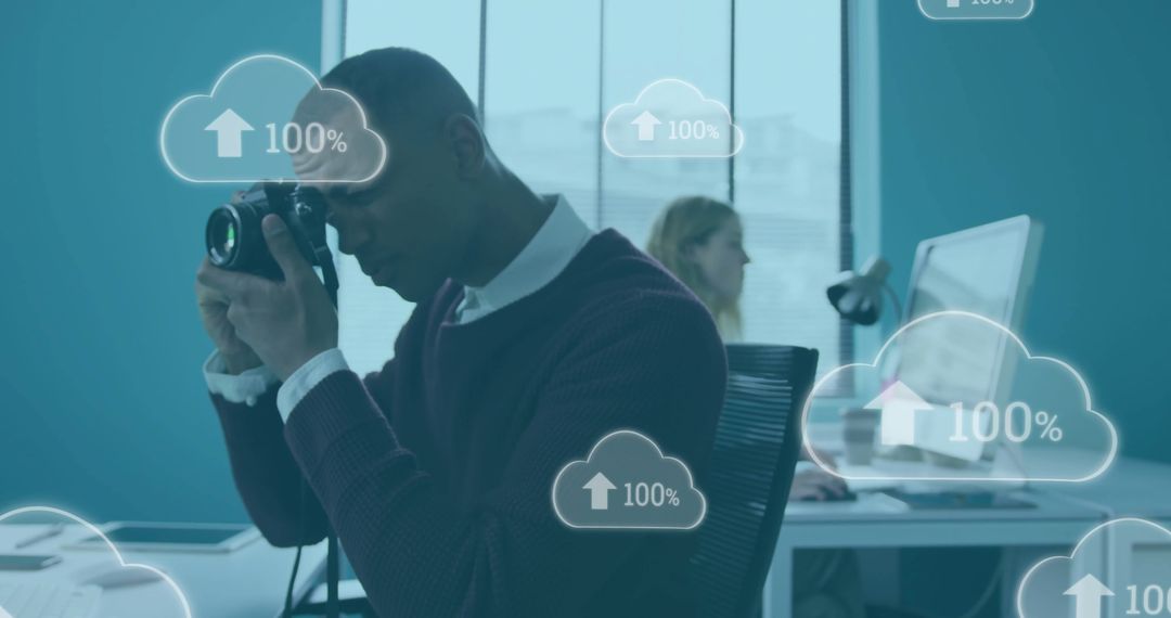 African American Businessman in Modern Office with Digital Cloud Interface