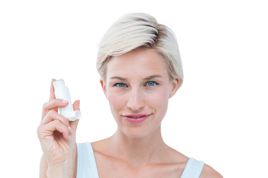 Smiling Woman Holding Inhaler For Healthcare Concept Transparent Background