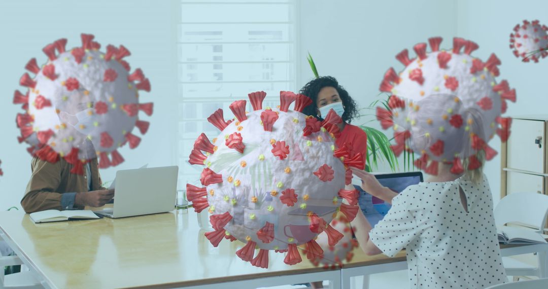 Office Meeting with COVID-19 Cells Illustrating Pandemic Impact