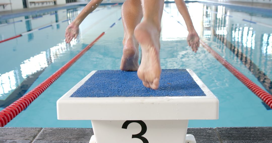 Swimmer Ready on Starting Block for Competitive Dive in Indoor Pool