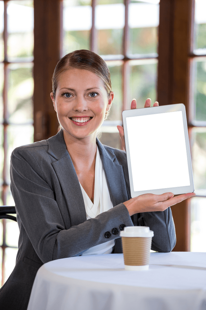 Smiling Businesswoman Holding Transparent Tablet Screen in Cafe