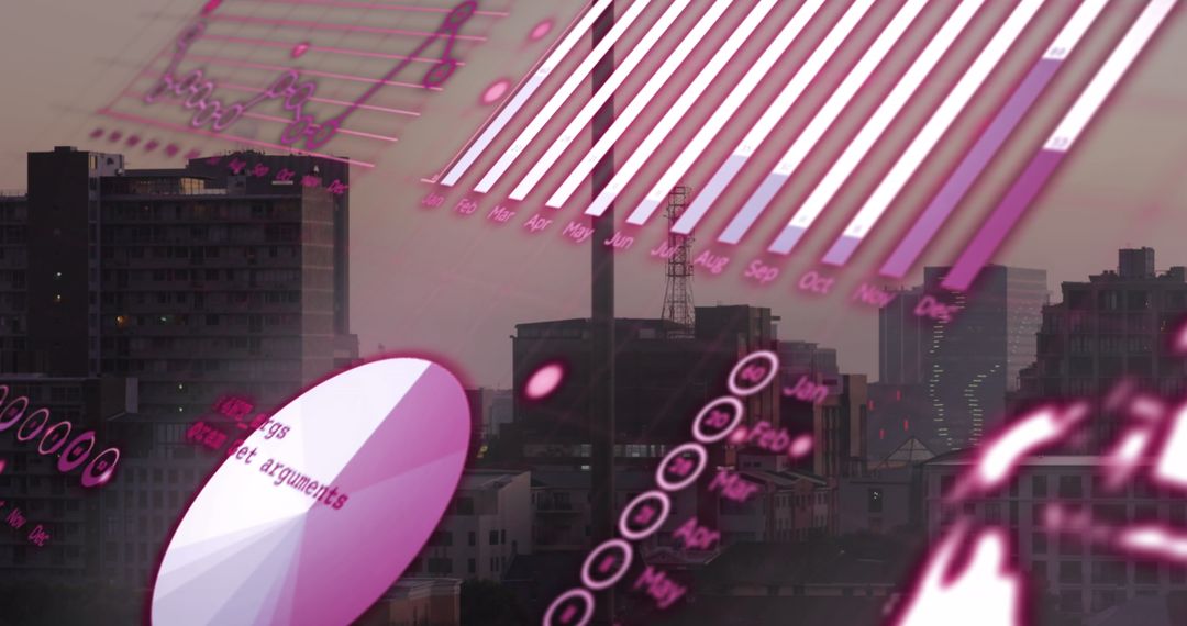 Visual data interface overlaid on city skyline