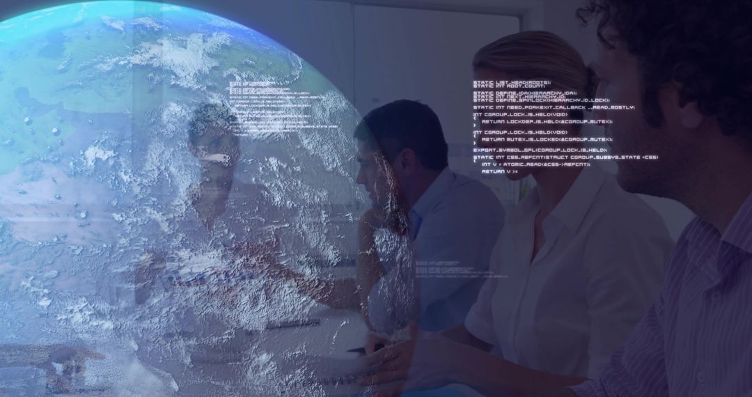 Team Discussing Holographic Earth Projection in Meeting Room