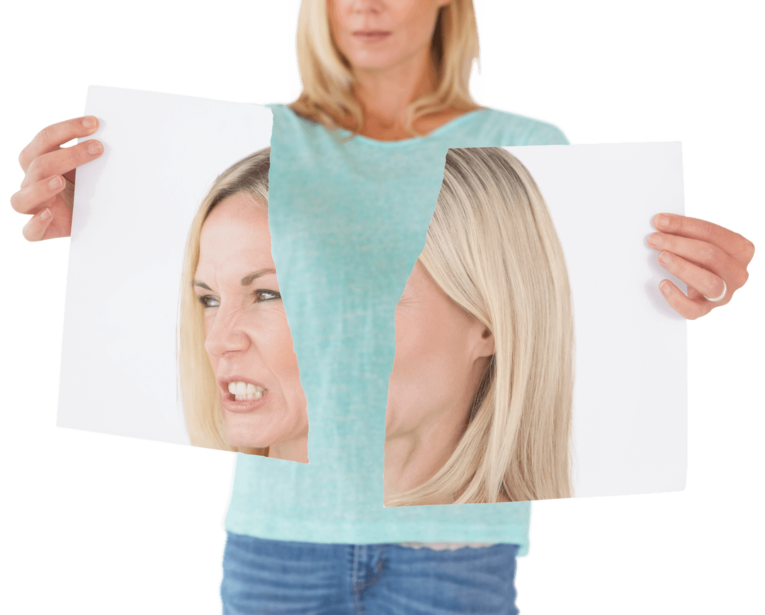 Caucasian Woman Holding Torn Image Displaying Anger on Transparent Background