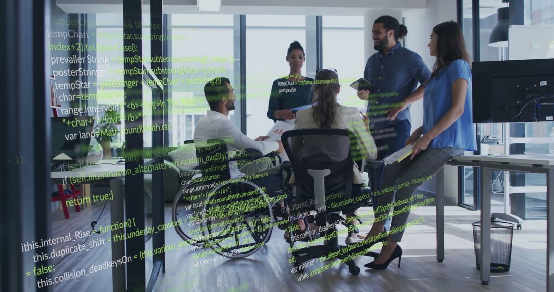 Diverse Professionals Collaborating with Digital Code Overlay