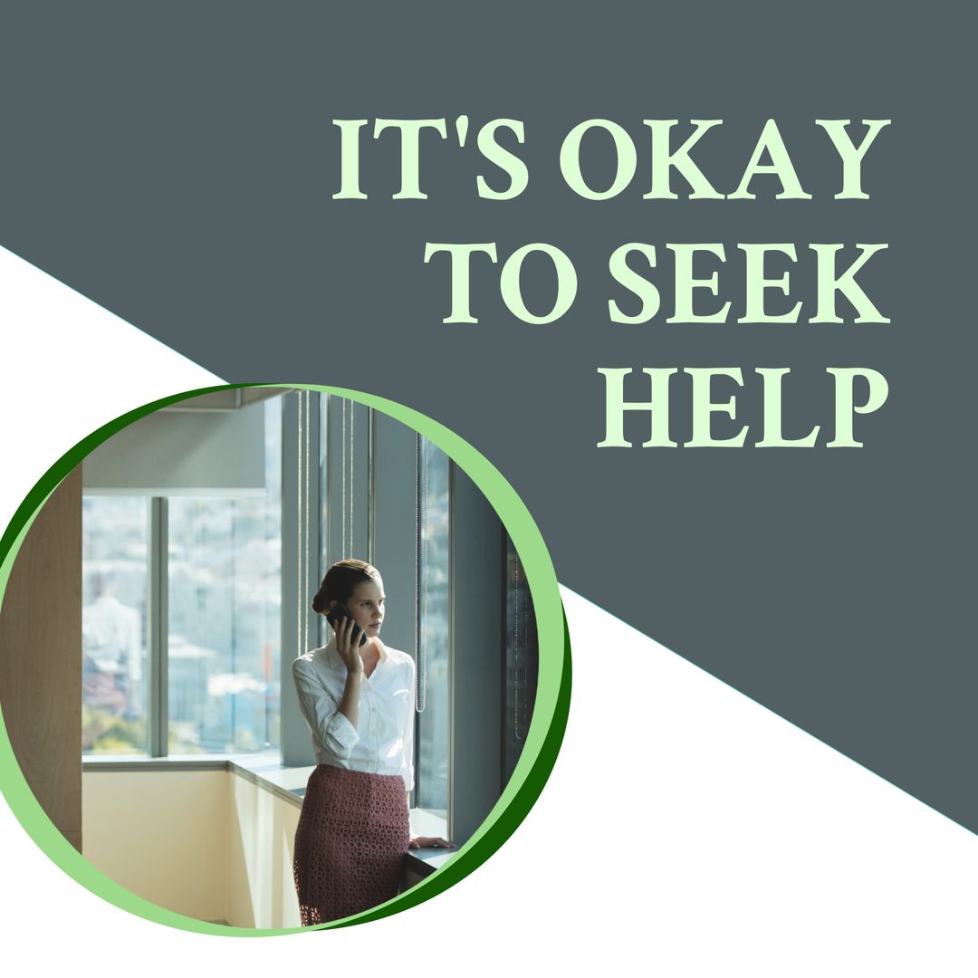 Woman Talking on Phone in Office Emphasizing Seeking Help
