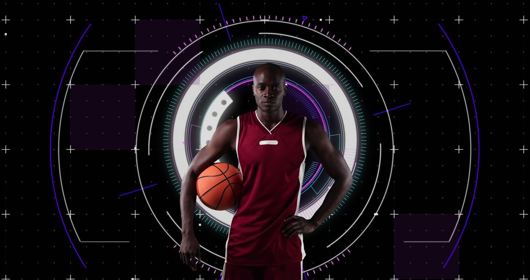 Confident Basketball Player Holding Ball with Futuristic Background - Free Images, Stock Photos and Pictures on Pikwizard.com