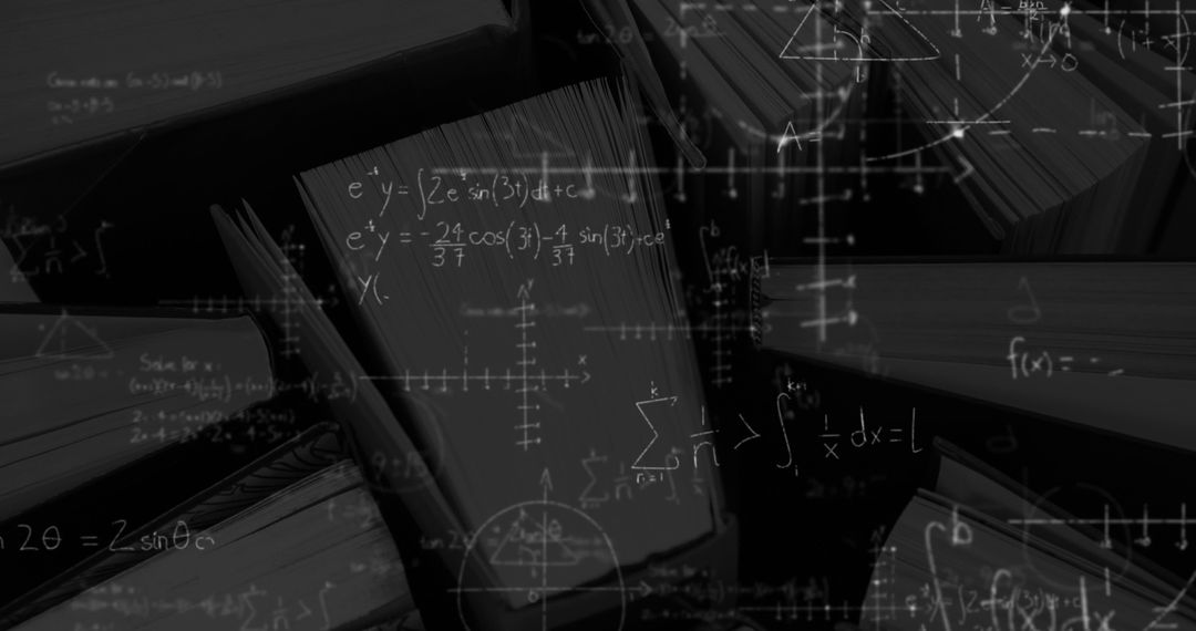 Mathematical Equations Overlay on Books in Monochrome