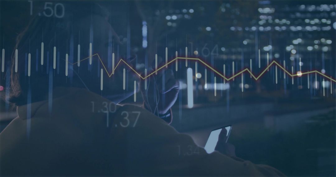 Trader Analyzing Financial Data Overlays in Night Urban View