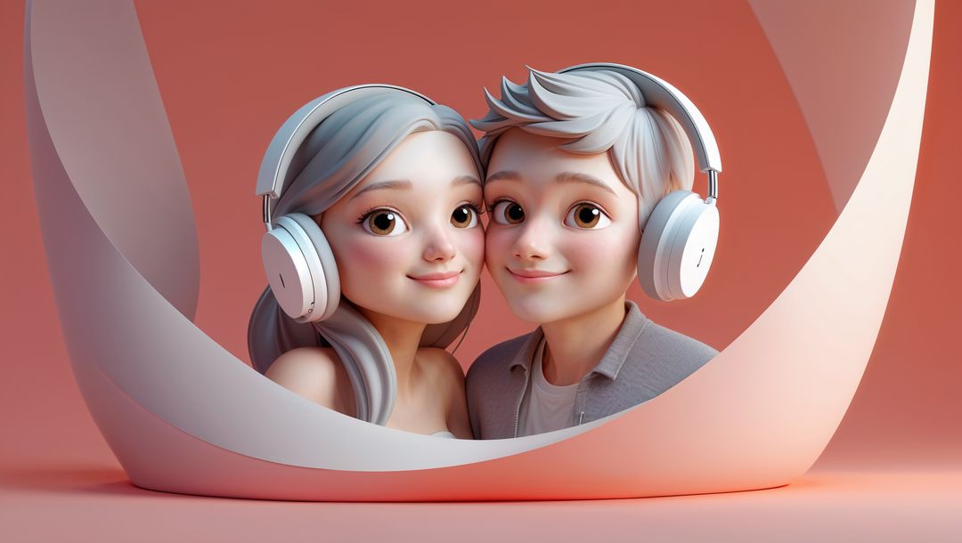 Stylized 3d cute couple with headphones in modern studio scene