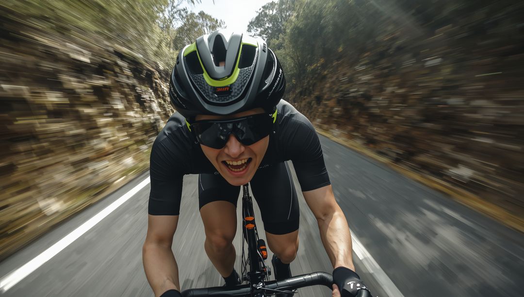 Cyclist Speeding Down Hill on Highway, Wearing Green Helmet