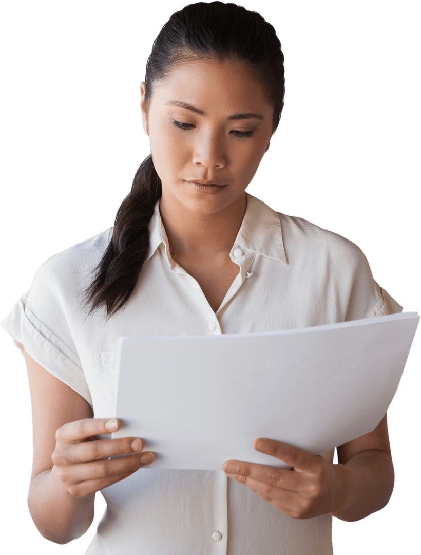 Transparent Businesswoman Analyzing Documents in Office Attire