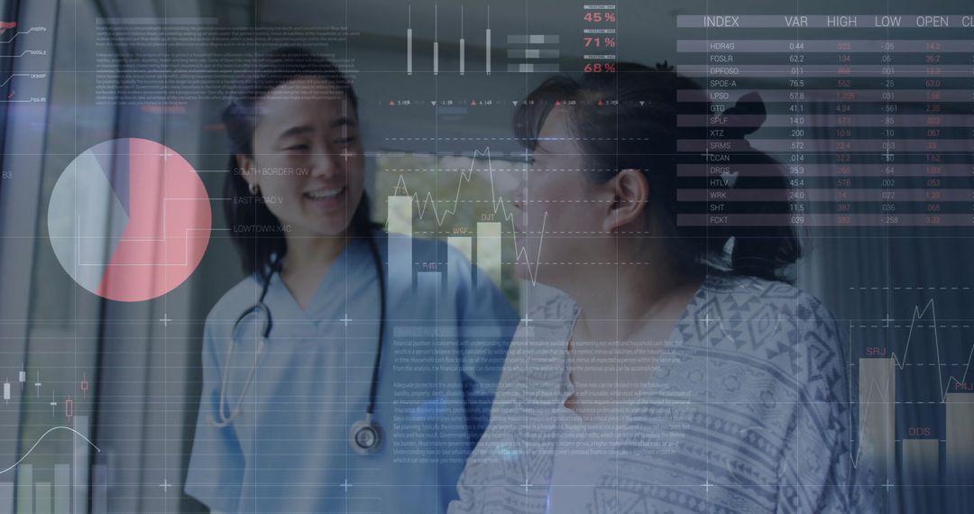 Nurse with Stethoscope Engaging Patient Amidst Digital Healthcare Statistics