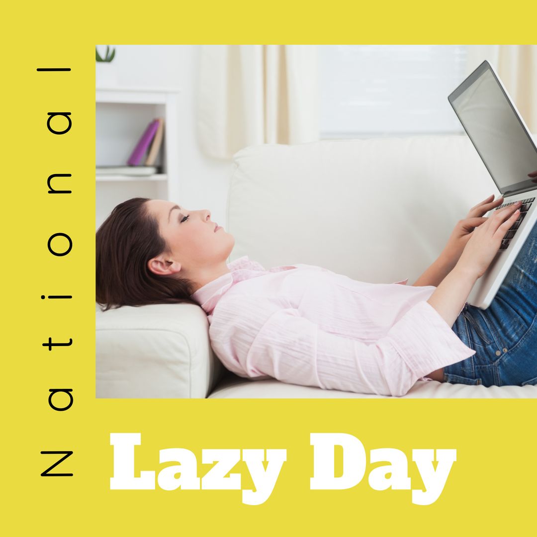 Relaxed Woman Enjoying National Lazy Day with Laptop on Sofa