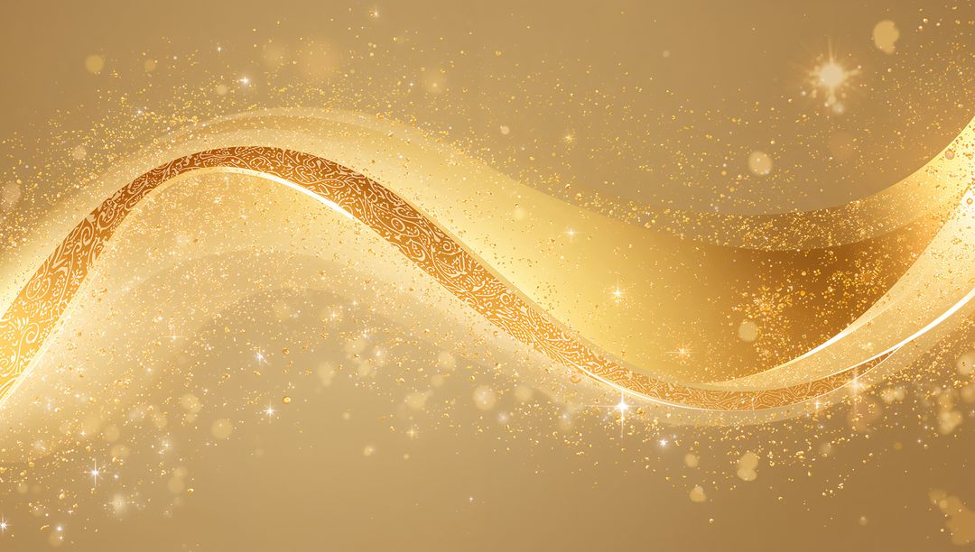 Golden Ribbon Wave with Ornamental Filigree Edge and Sparkling Glitter Bokeh