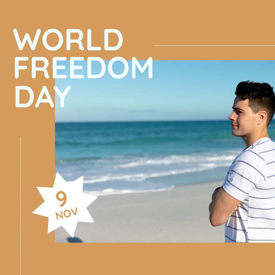 Image of world freedom day over caucasian man on beach - Download Free Stock Templates Pikwizard.com