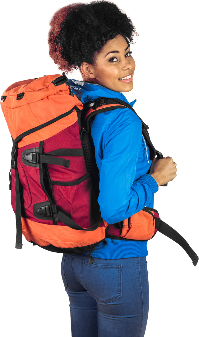 Cheerful Hiker in Blue Jacket with Red Backpack - Transparent PNG - Download Free Stock Images Pikwizard.com