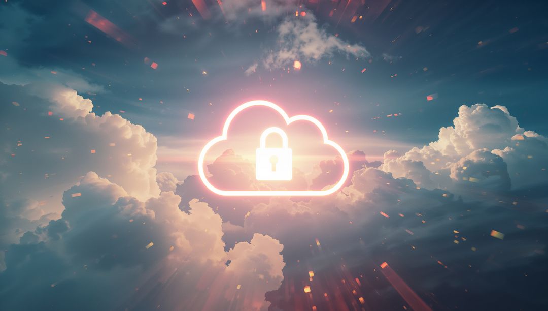 Glowing Cloud Icon with Padlock in Abstract Sky