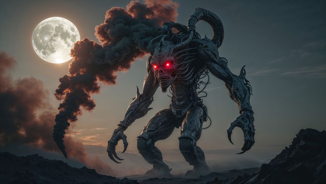 Ominous demon under full moon creating smoky hell