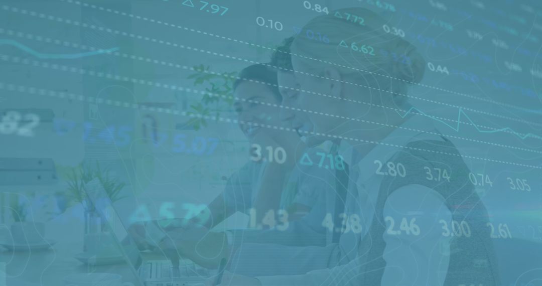 Women Discussing Business Strategies with Financial Data Graphics Overlay