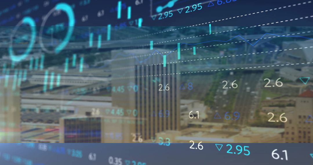 City Skyline with Financial Analytics Display Overlay