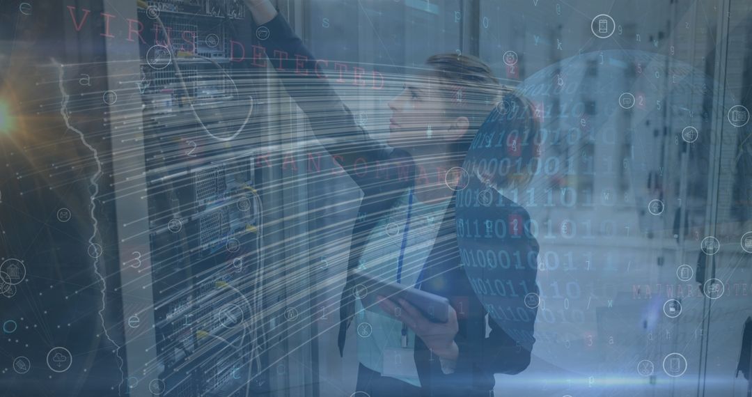 Woman Analyzing Servers Overlaid with Digital Data Connections