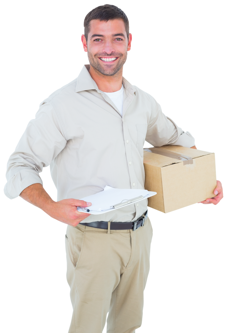 Transparent Portrait of Smiling Delivery Man Holding Cardboard Box - Download Free Stock Images Pikwizard.com