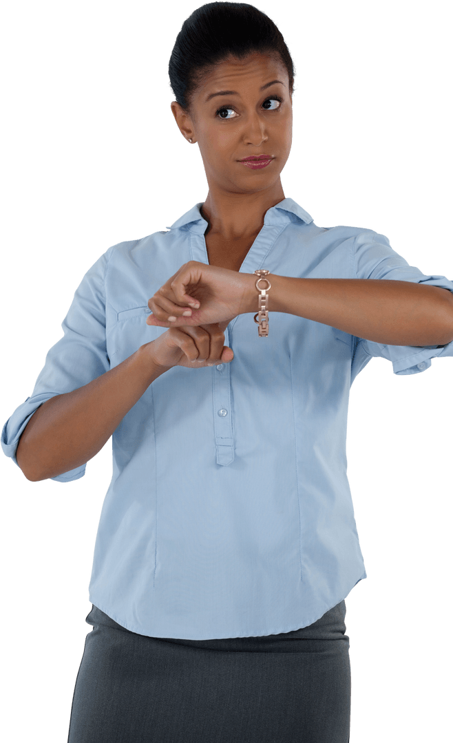 Transparent Businesswoman Pointing at Wristwatch Time Awareness