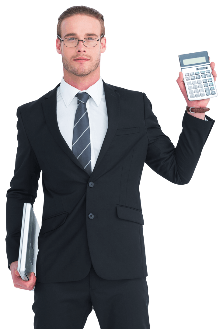 Confident Businessman Holding Calculator with Transparent Background