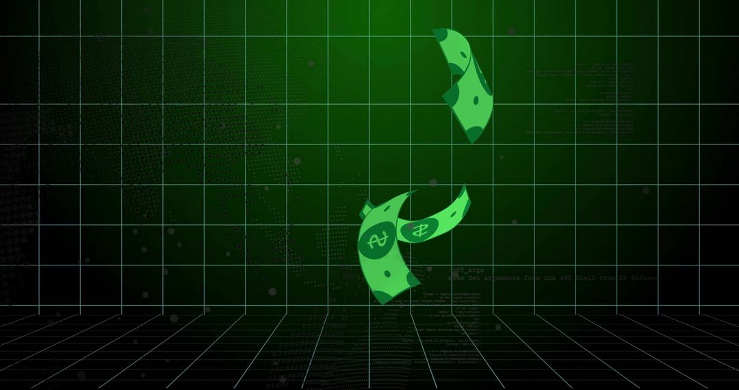 Levitating green banknotes over glowing grid with digital code backdrop for fintech