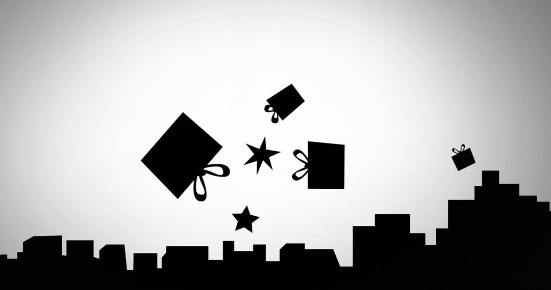 Urban Skyline with Floating Gift Boxes and Stars Silhouette
