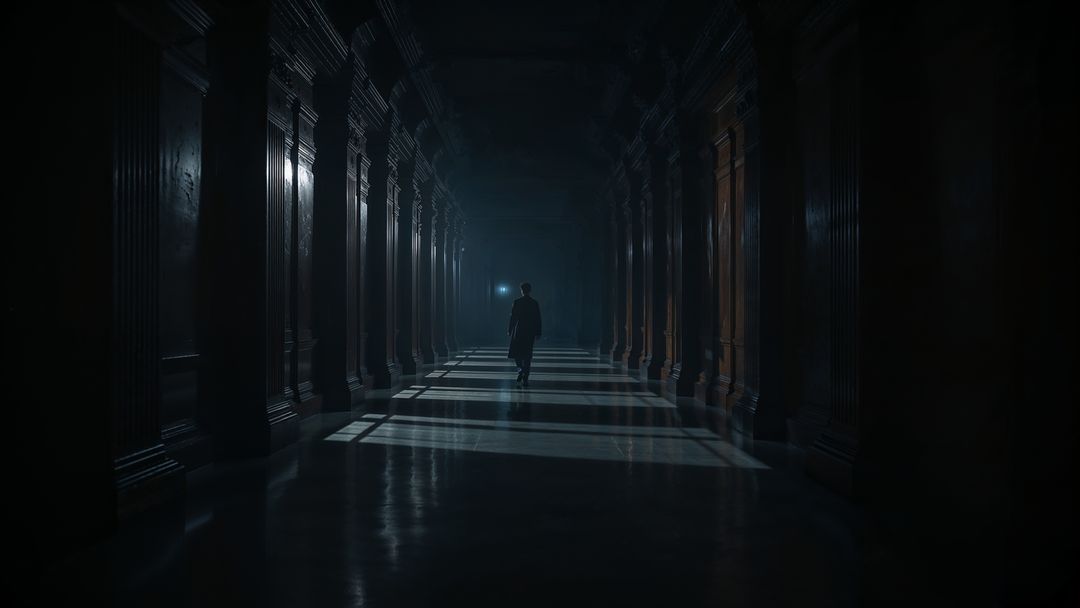 Mysterious prosecutor man wanders dark historic corridor with flashlight
