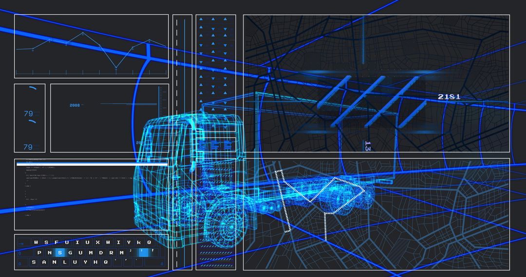 Futuristic Interface with 3D Wireframe Truck Model and Data Panels