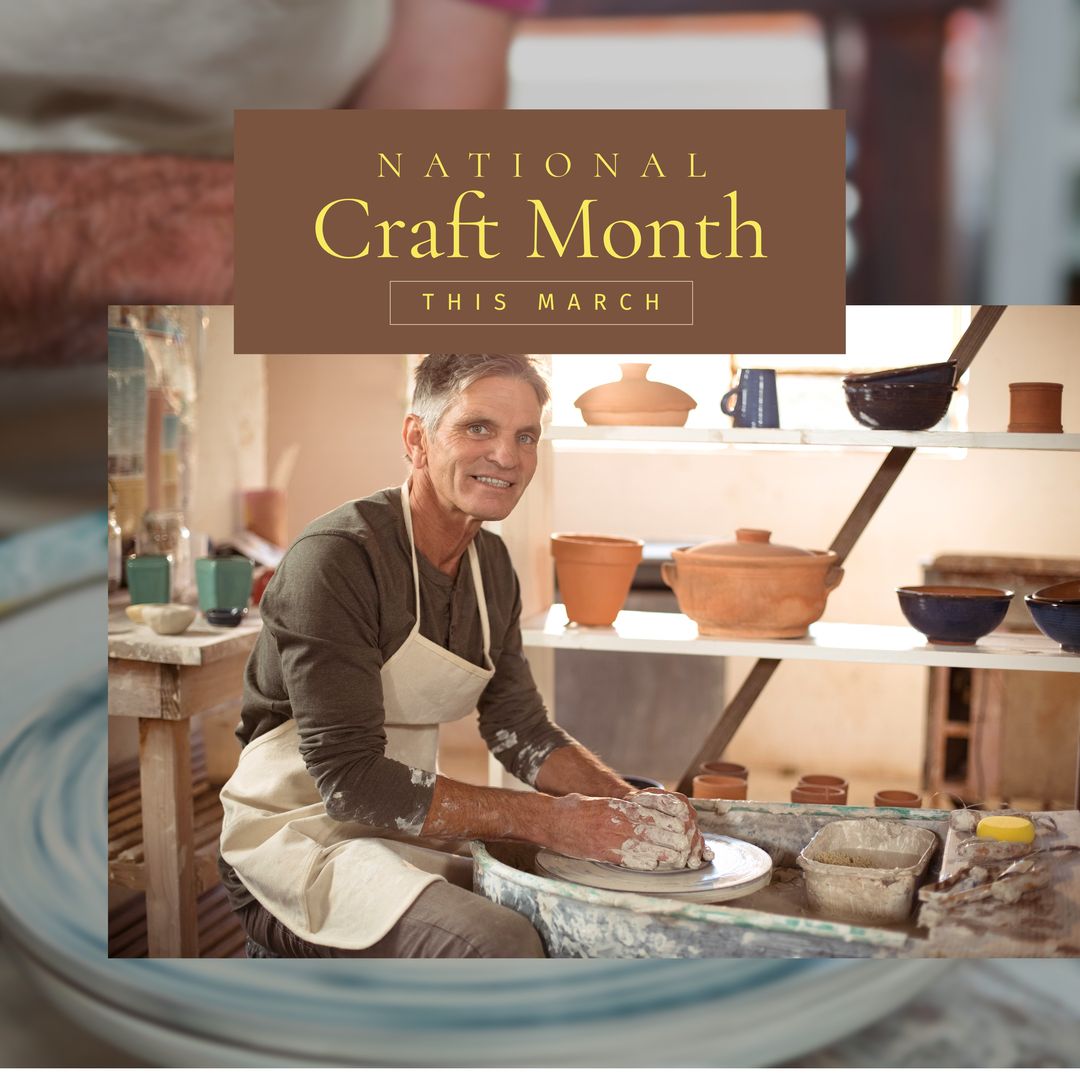 Caucasian Male Potter Celebrating National Craft Month in Workshop - Download Free Stock Templates Pikwizard.com