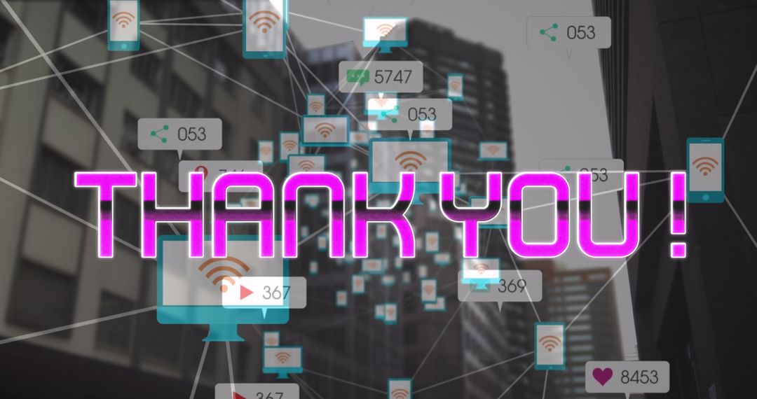 Digital Network with Thank You Message over Urban Skyline