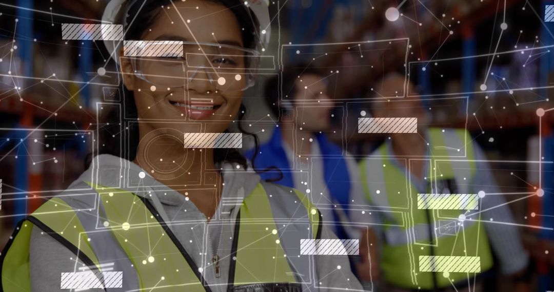 Smiling warehouse worker wearing hi-vis vest and headset using AR overlay for inventory