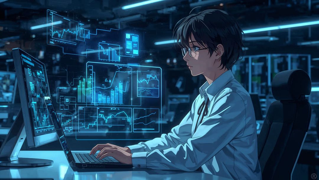 Professional Analyzing Holographic Data Charts in Futuristic Setting