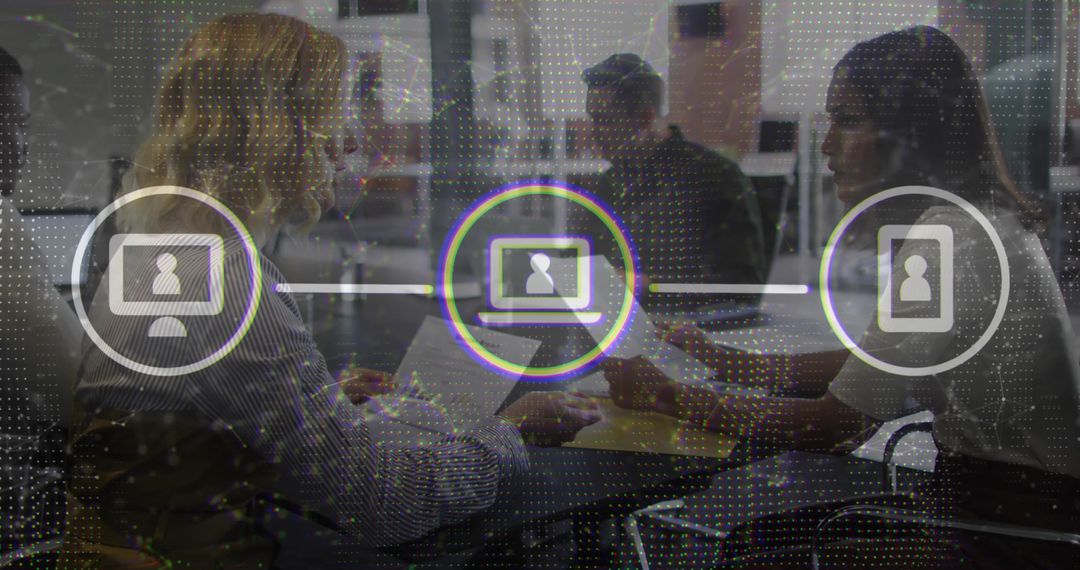 Business team collaborating around laptops with digital network overlay and data icons