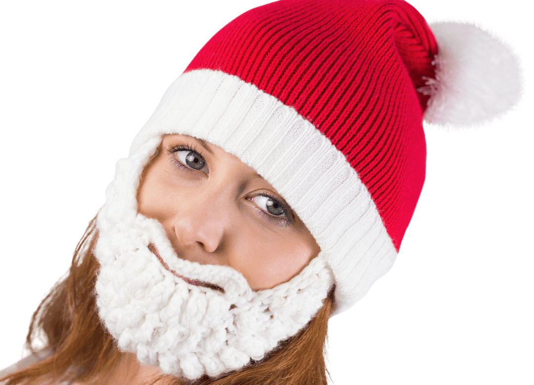 Woman Wearing Transparent Santa Hat and Beard Smiling